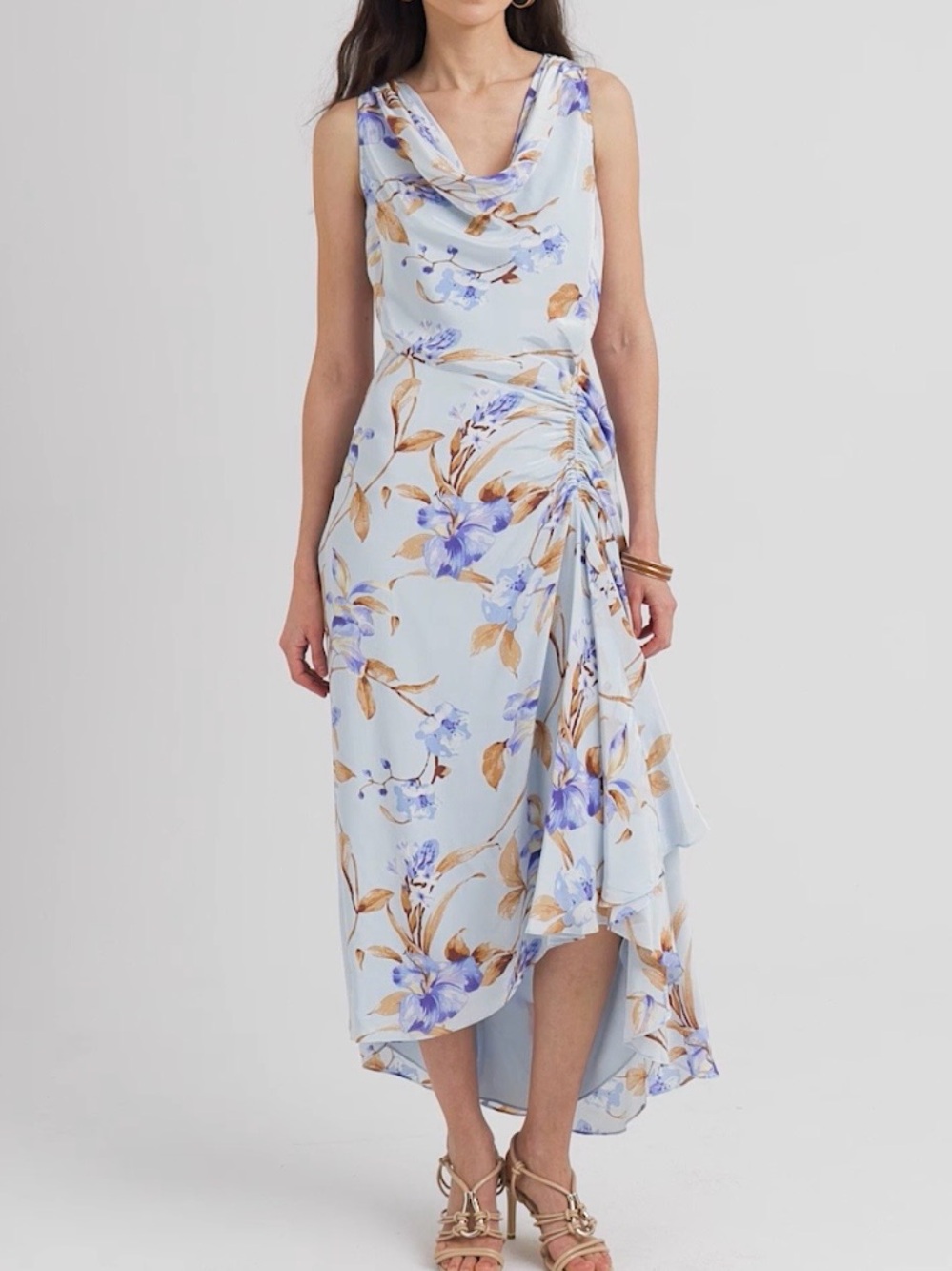 WHBM Cowl Neck Ruched Midi Dress Floral in Light Blue Size 6 - Picture 3 of 17